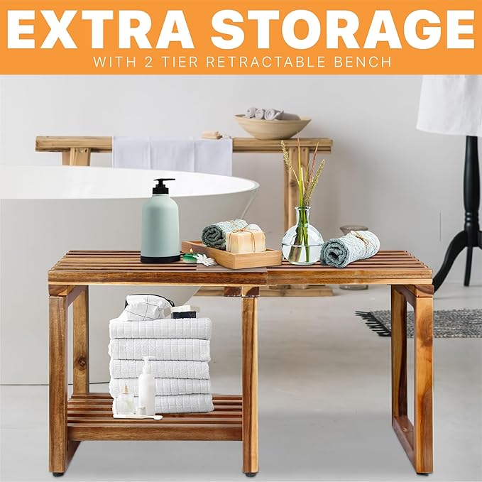Adjustable Length 29 Inches Shower Stool Bench Chair Waterproof with Storage Shelf for Shaving Legs, Spa, Bath Seat in Bathroom, Inside Shower for Adults Seniors Elderly (Small 29 in)