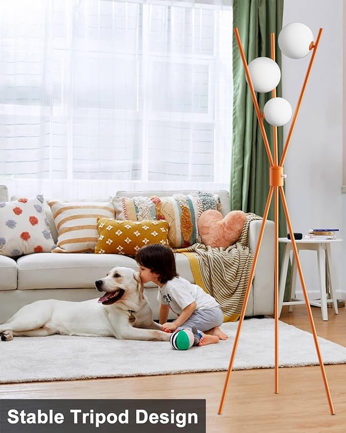 Lightdot Globe Standing Lamps Stepless Dimmable Tripod Floor Lamp with 3PCS 3000K G9 Bulbs Stable Base Orange Mid Century Modern Floor Lamp for Living Room/Bedroom