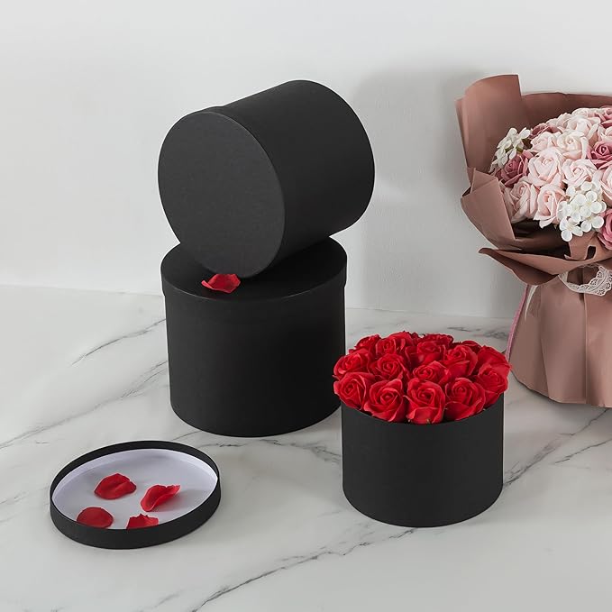 Soul & Lane Gift Boxes with Lids – Set of 3 Circular Boxes for Flowers, Bouquets & Arrangements, Black Cardboard Cylinder Gift Box Set for Roses, Décor and Special Presentations, Paper Mache Design