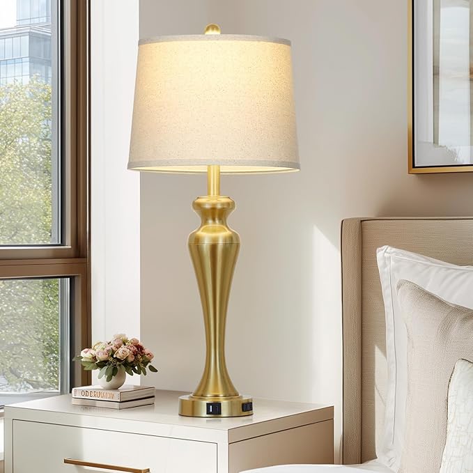 30" Table Lamp Single, 3-Way Dimmable Touch Bedside Lamp with USB A+C Ports and AC Outlet, Tall Living Room Lamps for Side Table, Modern Bedroom Lamp for Nightstand, Gold-1PK