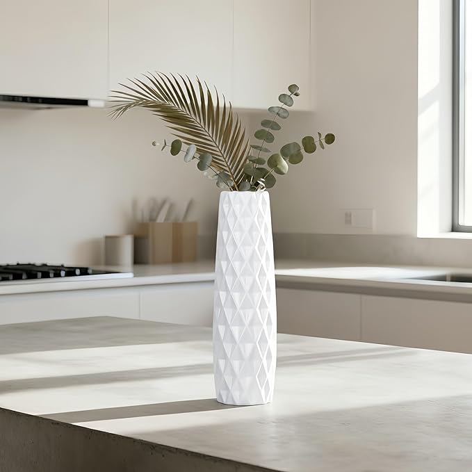 12 Inch White Vase Ceramic Flower Vase, Tall Vases for Pampas Grass, Home Decor, Modern Textured Vases for Living Room Decorations,Table Centerpieces,Shelf,Farmhouse Small Ceramic Vase