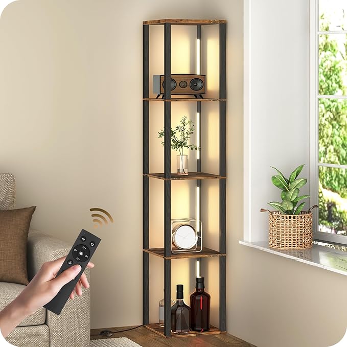 GOEBLESON 64.2" Display Shelf with Light, Modern Corner Floor Lampe with Shelves, LED Dimmable Standing Lamp with Remote for Living Room, Bedroom, Office, Adjustable CCT, Rustic Brown Square F51LD05