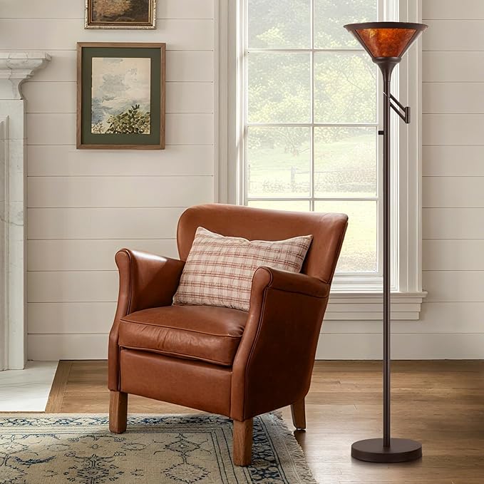 EJIAXIN Floor Lamps for Living Room - 70" Brown Torchiere Standing Floor Lamp with Adjustable Swing Arm - Tall Corner Lamp Decor for Bedroom with Mica Shade LED Reading Light for Home Office