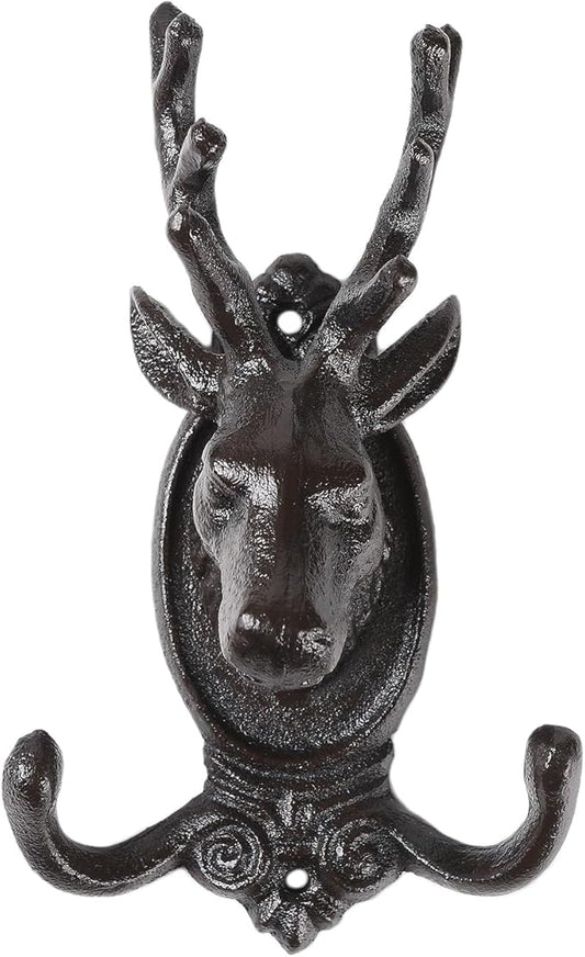 BRASSTAR Cast Iron Deer Head Decoration Double Hooks Wall Coat Hook Hanging for Coats, Bags Hats Towels Keys Rustic Retro Home Decorative Gift TQGJPT584
