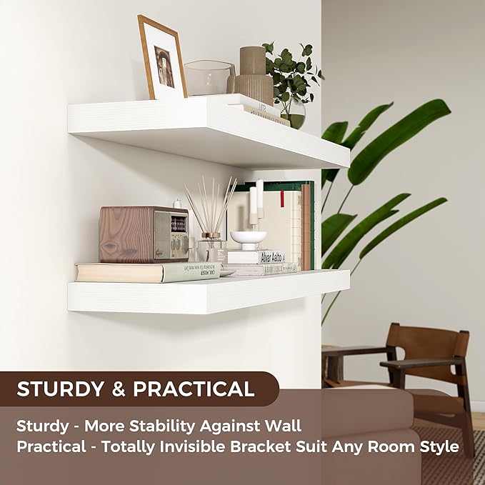 Floating Shelves for Wall, Engineered Wood Wall Shelves with Invisible Brackets for Living Room Bedroom Bathroom Office Kitchen Decor and Storage (White, 36" W x 9" D x 1.5" H) Set of 2