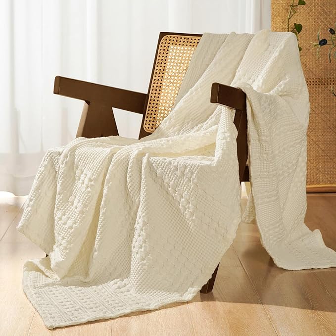 PHF 100% Cotton Waffle Weave Throw Blanket, Soft Lightweight Breathable Cozy Throws for Couch Bed Sofa, 300 GSM Luxury Aesthetic Blanket Gift for Home Decor & Office, 50"x60", Cannoli Cream