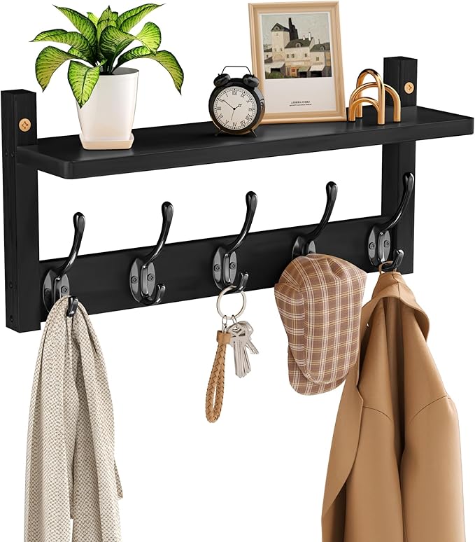 VASMIA Coat Rack Wall Mount with Shelf,Bamboo Wall Shelf with Hooks,Coat Hangers for Entryway,Bathroom, Living Room, Bedroom, Black