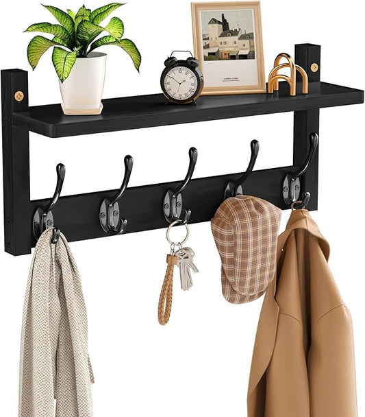 VASMIA Coat Rack Wall Mount with Shelf,Bamboo Wall Shelf with Hooks,Coat Hangers for Entryway,Bathroom, Living Room, Bedroom, Black