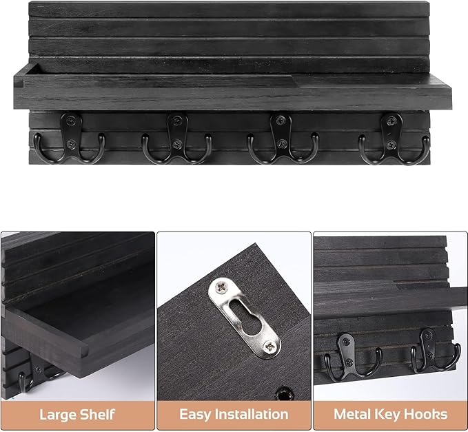 Decorative Key Hanging Rack with 4 Double Hooks – Easy Install Natural Wooden Key and Mail Holder for Wall Mount – Entryway Decor Rack with Shelf (Carbon Black)