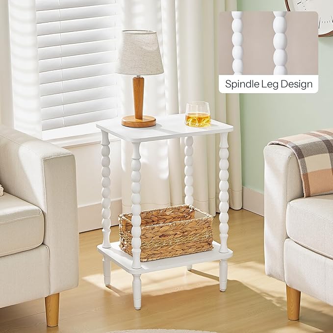 HOOBRO End Table, 2-Tier Small Side Table with Spindle Legs, Nightstand with Storage Shelves, Sofa Side Table, for Living Room, Bedroom, Small Space, White WT189BZ01