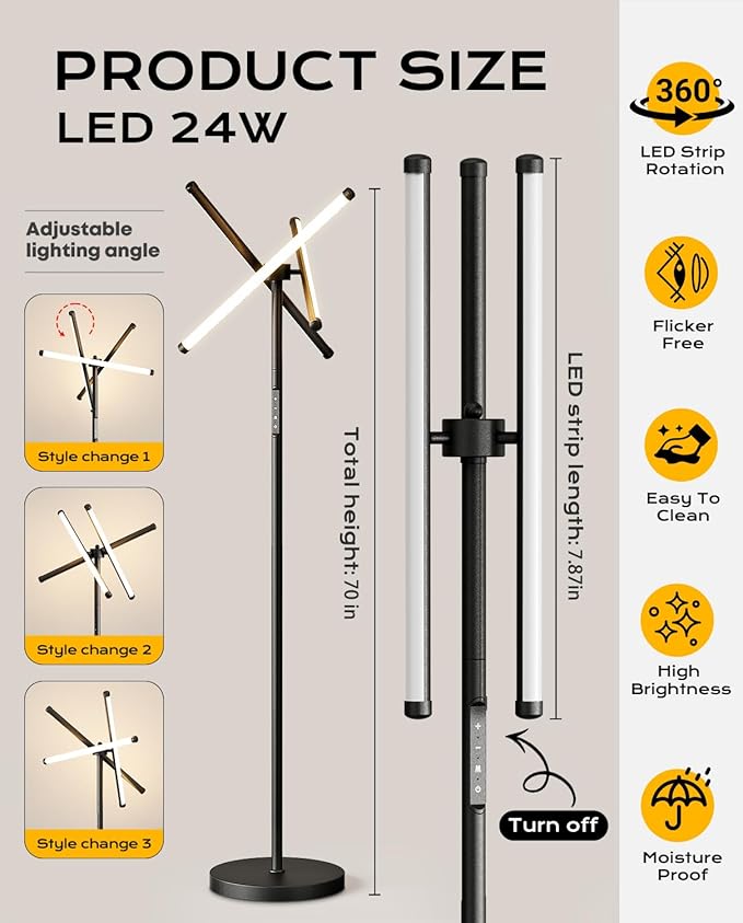Modern LED Dimmable Floor Lamp, Black Tall Standing Lamp for Living Room Bedroom with 3 Rotatable Lamp Bars, 70'' Bright Stepless Dimmable LED Tree Floor Light with Remote Control