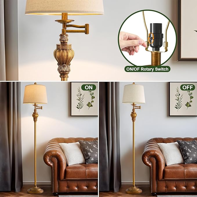 G-SAFAVA 61" Vintage Floor Lamp with 350° Adjustable Swing Arm, Gold Standing Lamp for Bedroom Living Room Nightstand Bedside Retro Farmhouse Mid Century Lamp Light Home Décor Office Gifts