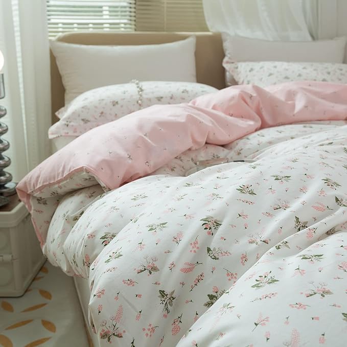 LifeTB Cotton Floral Duvet Cover Queen Girl Pink Flower Bedding Sets Garden Style Cotton Floral Comforter Cover Pink White Floral Bedding Sets Flower Branches Pattern Duvet Cover with Zipper Closure