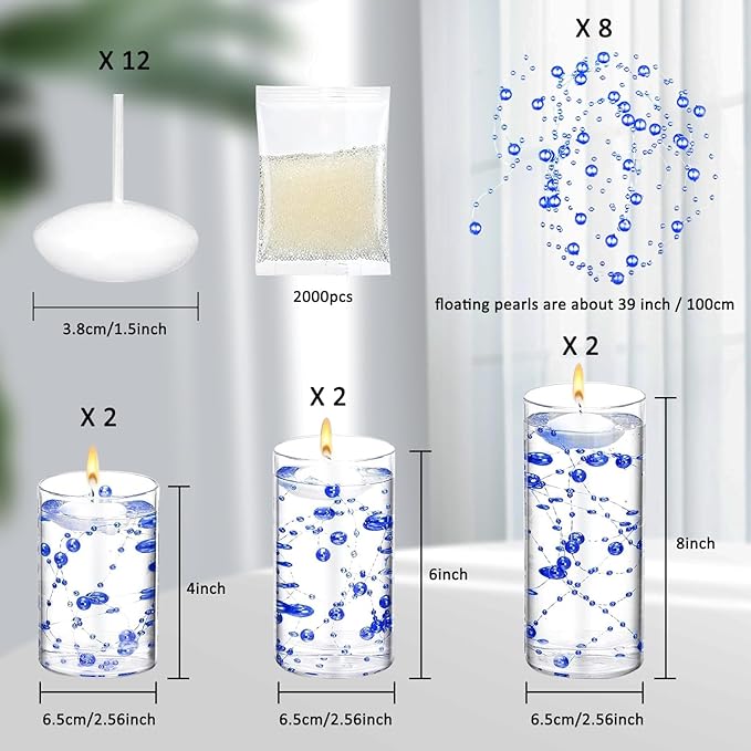 6 Set Glass Cylinder Vase with 8 Artificial Pearl String 12 White Floating Candle Multi-Size Cylinder Vase for Centerpieces 4"+ 6" + 8" Glass for Wedding Party Table Decor (6 Pcs-Blue)