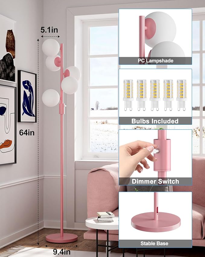 Lightdot Dimmable (Brightness Adjustable) Globe Floor Lamp, Retro Pink Pole Standing Lamps with 5PCS 3000K G9 Bulbs, Mid Century Modern Floor Lamp for Living Room Bedroom Home Office