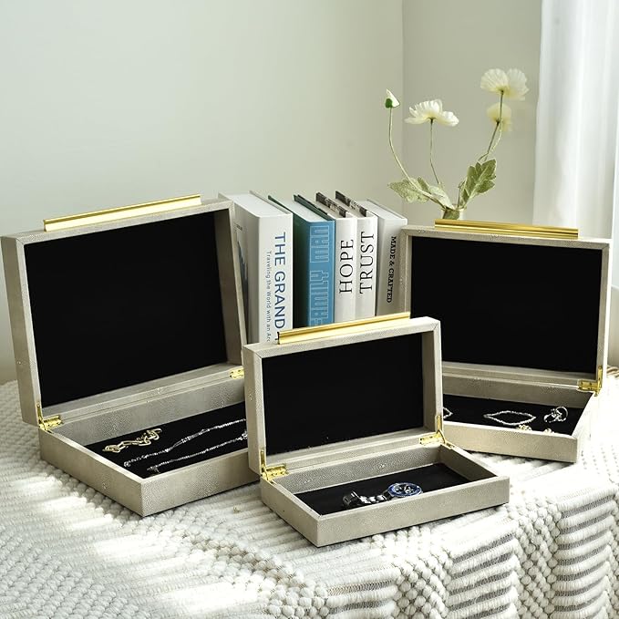 Faux Shagreen Decorative Storage Boxes – Set of 3 Stackable Jewelry Organizers with Gold Metal Handles & Velvet Lining, Modern Ivory White Box for Vanity, Entryway & Coffee Table Décor