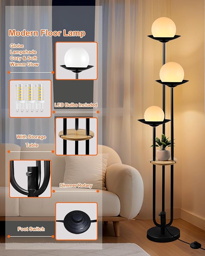 ACOHOOK 63IN Globe Floor Lamp with Table, 3-Lights Modern Dimmable Floor Lamps with 3000K Soft Warm White Bulbs for Wedding/Party, Black Tall Standing Lamp for Living Room/Bedroom