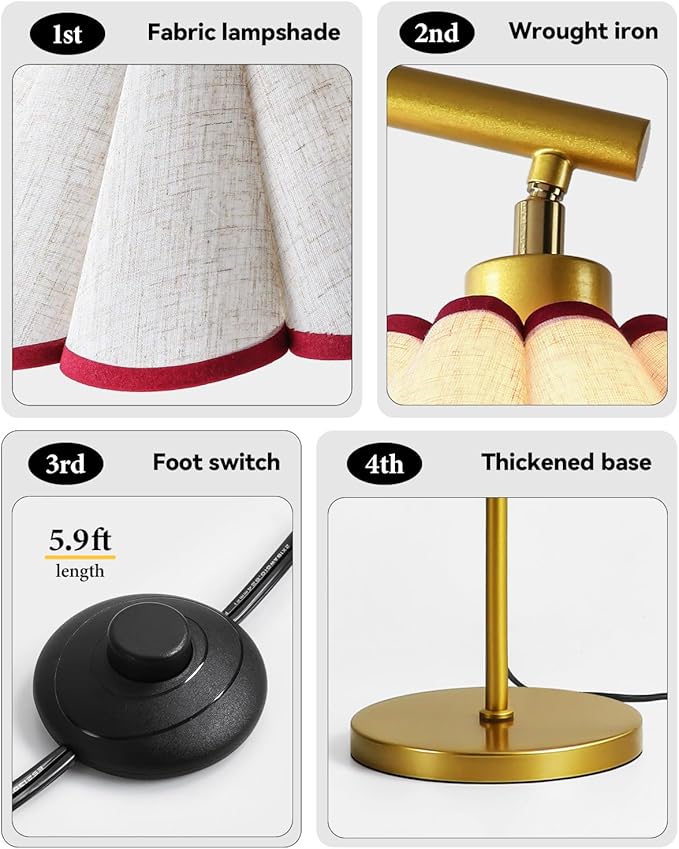 Omlaamy Floor Lamp with Pleated Linen Lampshade, Modern Flower Floor Lamp for Living Room Arc Standing Lamp, Gold Tall Lamp for Bedroom Office Dining Room, Bulb Included (Gold + Red, 65IN)