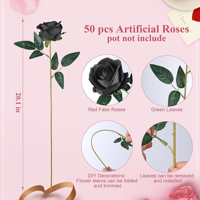 50 PCS Black Roses Artificial Flowers, Fake Roses with Stem Realistic Silk Roses for DIY Wedding Bouquets Table Centerpieces Arrangements Baby Shower Birthday Home Decor Valentine's Day Gift for Her
