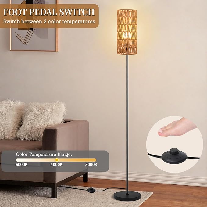 Floor Lamp for Living Room,Farmhouse Rattan Floor lamp,Modern Standing lamp with Hand-Worked Rattan Shade,Black Tall Lamp with Foot Switch for Bedroom,Kids Room,Office,LED Bulb is Included.