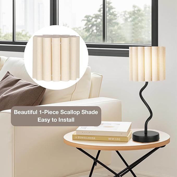 Cordless Scalloped Table lamp, Modern Black Lamp for Bedside Restaurant Dining Table, 5200-mAh Rechargeable Battery, 3-Level Brightness Dimmable, Build-in Integrated LED 320 Lumen Max