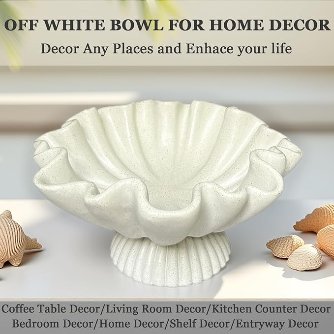 Scalloped Ruffle Decorative Bowl for Home Decor - Large Resin Pedestal Bowl - 10" Key and Purse Bowls for Entryway Table, Artificial Coastal Decor Light Beige