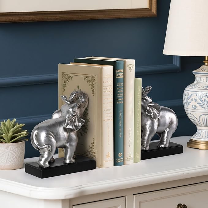 Elephant Book Ends Decorative, Bookends for Shelves, Book Ends for Heavy Books with Anti-Slip Pad for Book Lovers Heavy Book Holder for Home Office Decor (Silver)