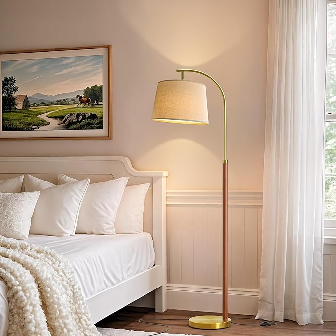 G-SAFAVA 62.5" Wood Floor Lamp for Living Room Gold with Foot Switch Arc Standing Tall Lamps for Bedroom Mid Century Modern Corner Floor Lamps for Office Nursery Industrial Reading Light Room Lamp