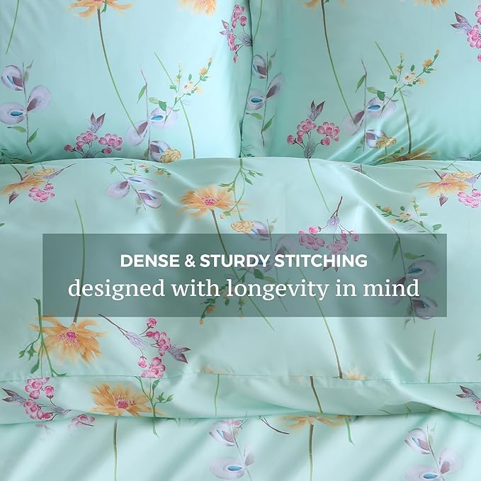 JSD Green Floral Duvet Cover Set Queen Size, 3 Piece Botanical Printed Microfiber Comforter Cover with Corner Ties Zipper Closure