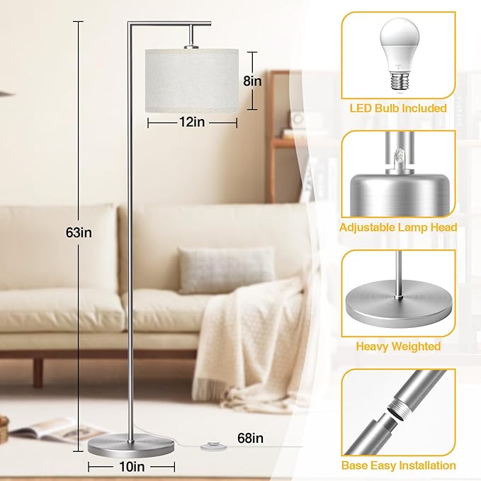 CNXIN Floor Lamp for Living Room with 3 Color Temperatures Standing Lamp with Adjustable Beige Linen Lampshade Tall Lamps for Bedroom Office Classroom Dorm Room, 9W LED Bulb Included, Silver