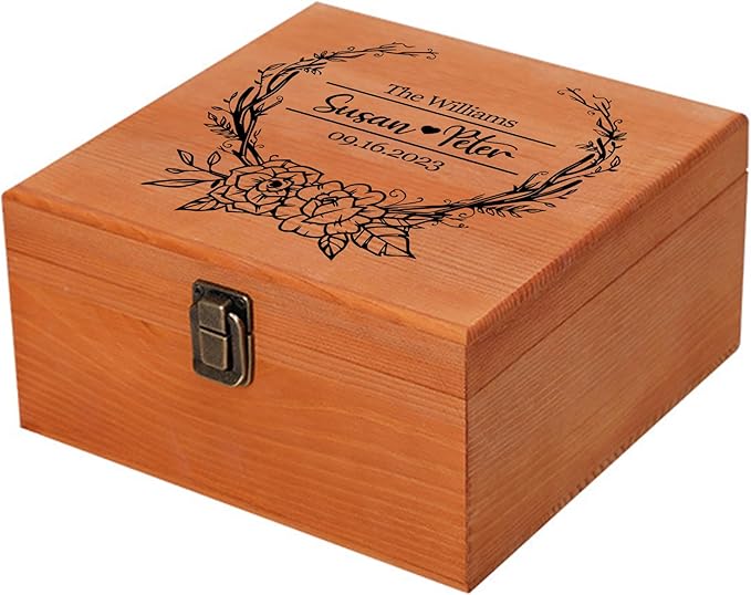 Personalized Wedding Keepsake Box Custom Name Date, Wooden Memory Box Wedding Gift Box for Couples Newlyweds - Customized Gifts for Bridal Shower Anniversary Engagement Christmas