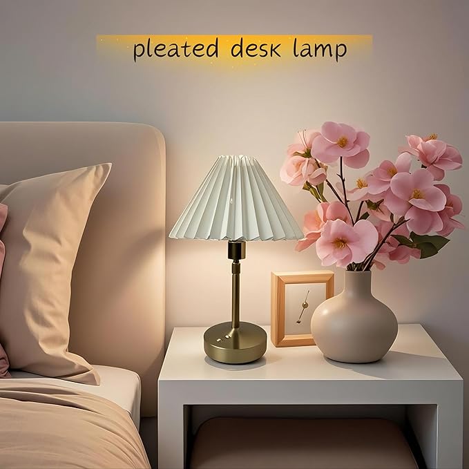 Small Pleated Table Lamp - Cordless, Touch Control, Ideal for Bedroom and Living Room Decoration