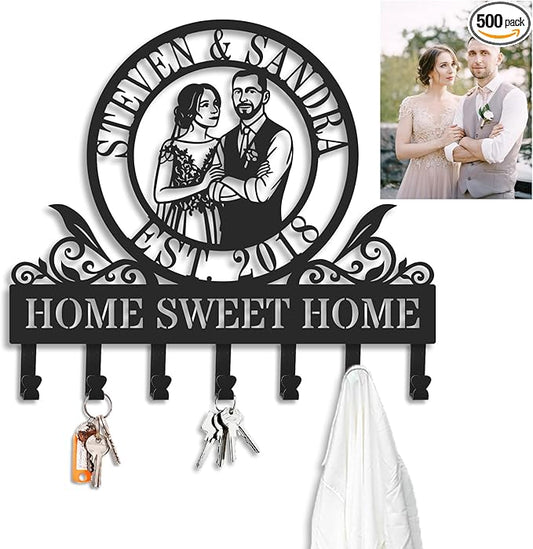 Personalized Metal Portrait with Key Hooks, Custom Photo Wall Key Holder, Iron Portrait from Your Photo, Anniversary Wedding Birthday Gift, Personalized Wall Decor