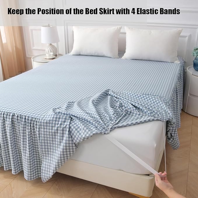 Silnuo Blue/White Plaid Bed Skirt Washed Cotton Shabby Gingham Checkered Dust Ruffle King Size 18" Bedding(1 Bed Skirt Only)