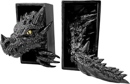 Dragon Bookshelf Decor Gothic Fantasy Bookends Black Animal Statues for Shelves Book Lovers Gifts Unique Resin Shelf Holder Set (10"*6.1"*4.9") Home Office Decorative