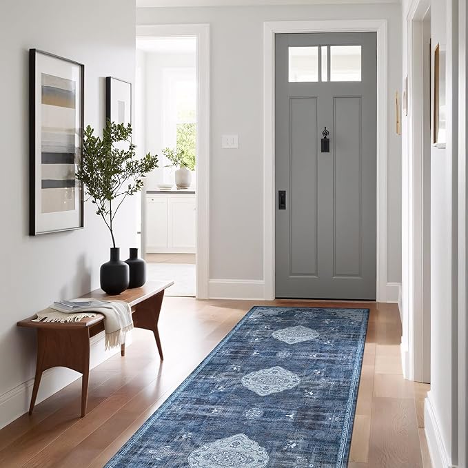Beverly Rug Non Slip Rugs 2x7 Boho Medallion Floral Non Skid Rubber Backing Easy Silk Soft Runner Rug for Living Room Easy to Clean Non Shedding Kitchen Bedroom Indoor Carpet (2 x 7 Blue - Gray)
