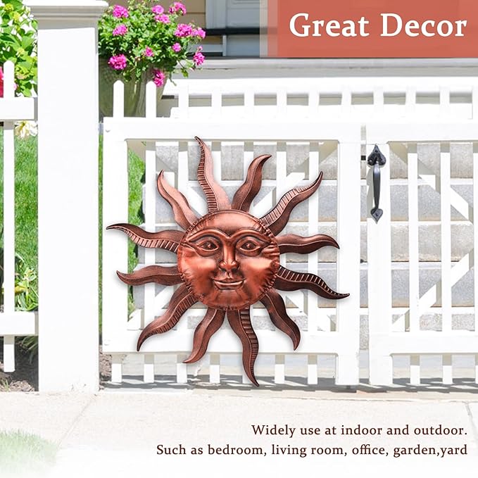 VCUTEKA 27" Sun Metal Wall Art Outdoor Decor Moon Wall Decoration Metal Wall Sculpture Hanging Garden Wall Art Wall Sculpture for Indoor Outdoor Patio Fence Decoration Brown