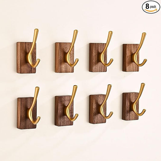 8 Pack Walnut Wood Wall Coat Hooks for Hanging, Adhesive Mounted & Wall Mount Heavy Duty Wooden Double Hook Hanger for Towel Backpack Hat Jacket Clothes Blanket Purse Robe Key Stain Gold Hook