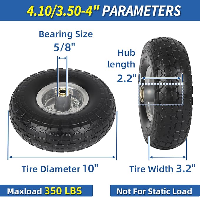 4.10/3.50-4" Flat Free Tire and Wheel, 10" Heavy Duty Solid Tire, 5/8" Axle Bore Hole, 2.2" Offset Hub, for Hand Truck Garden Cart Wagon Trolley Dolly, 2 Pack