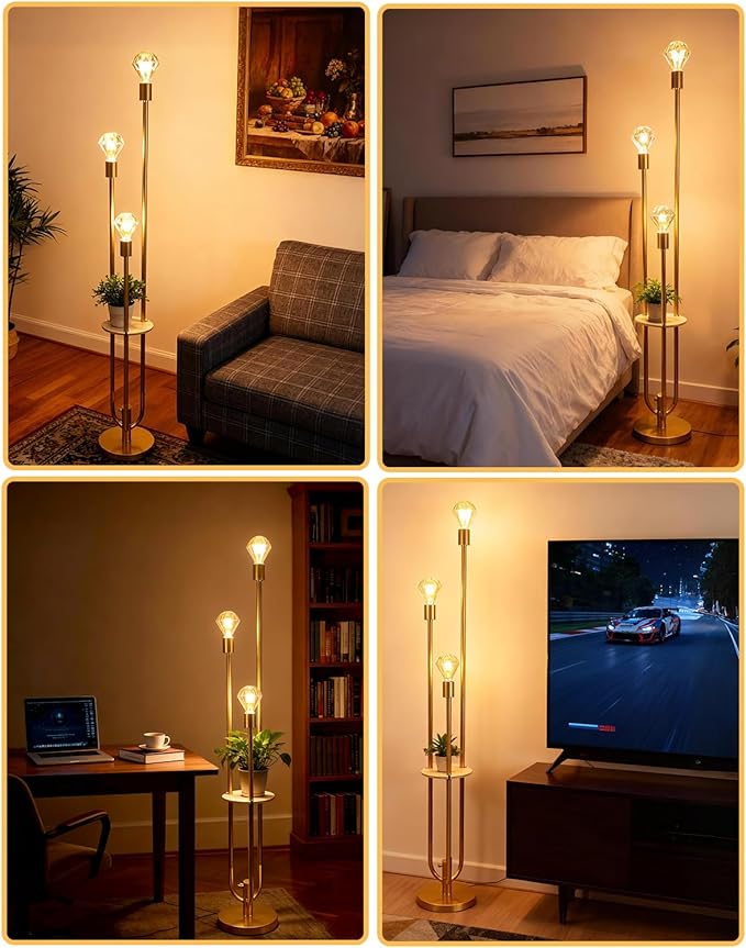 Lightdot Gold Floor Lamp for Living Room, Dimmable Vintage Floor Lamp with Shelf & E26 Base Bulbs, 3 Light 3000K Warmwhite Mid Century Standing Lamp for Reading, Tall Lamp for Bedroom Office