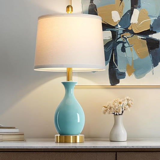 24″ Aqua Blue Ceramic Table Lamp for Living Room, Modern Classic Bedside Lamp for Nightstand, Small Table Lamp for Bedroom End Table (1 Pack)