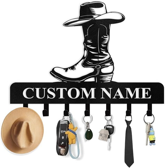 Personalized Cowboy Coat Hooks, Cowboy Boots Key Holder Wall Mount, Clothes Cowboy Hat Rack and Backpack Hanger, Western Wall Decor, Metal Key Rack Organizer for Living Room Kitchen Color02