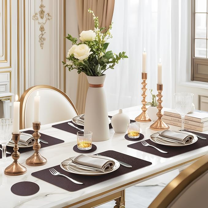 Faux Leather Placemats Set of 6, Vinyl Placemats Heat Resistant Place Mats, Waterproof Oil-Proof Wipeable Dining Table Mats and Coasters for Kitchen, Indoor, Outdoor (Coffee 16 x 12 inch)