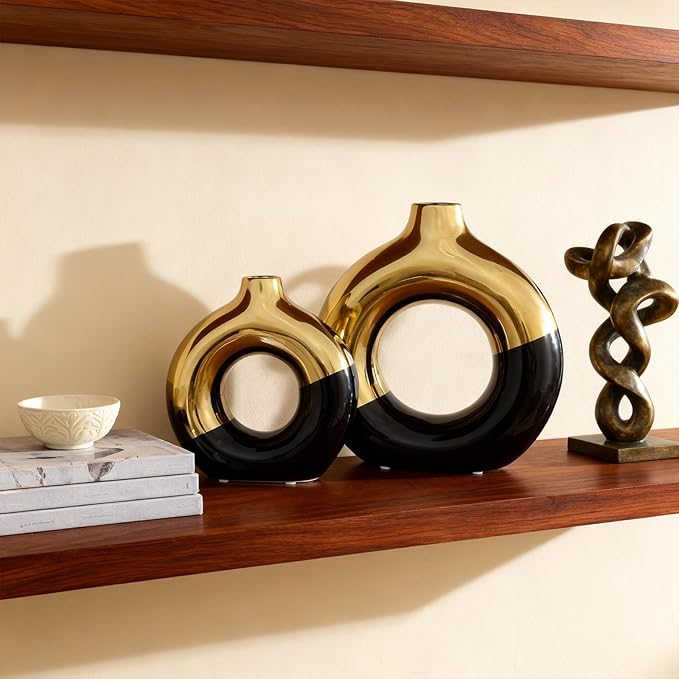 Black and Gold Vase Decor Donut Vase Set of 2 - Circle Hollow Vases, Modern Matte Ceramic Vases for Entryway Living Room Bedroom Dining Table Centerpiece Office Home Decor