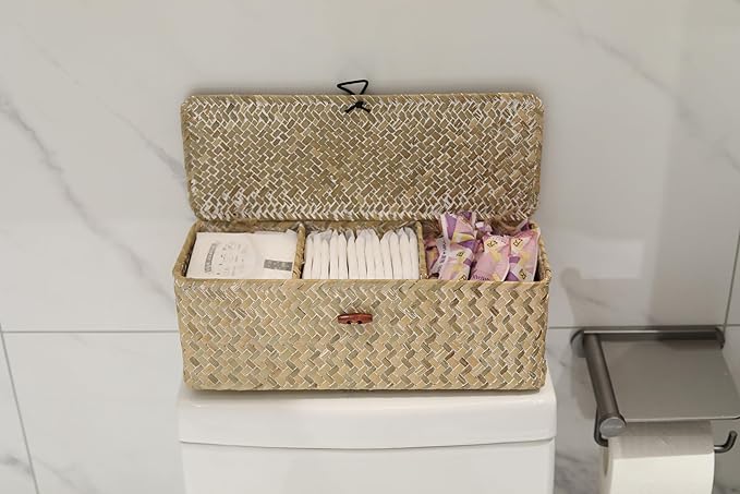 3 Section Seagrass Storage Basket, Handmade Shelf Baskets with Lid for Bathroom/Closet/Livingroom