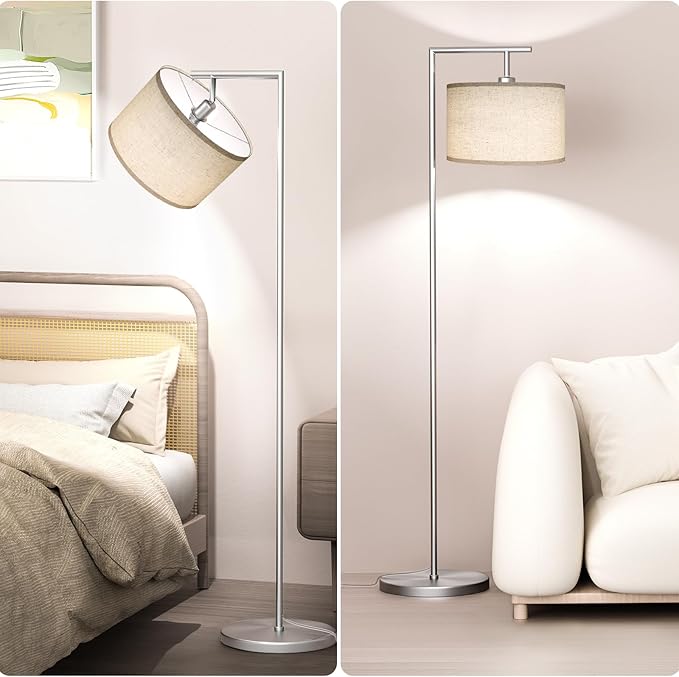 CNXIN Floor Lamp for Living Room with 3 Color Temperatures Standing Lamp with Adjustable Beige Linen Lampshade Tall Lamps for Bedroom Office Classroom Dorm Room, 9W LED Bulb Included, Silver
