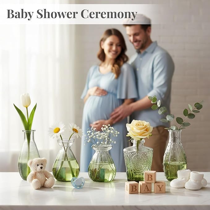 24 Pack Glass Vase in Bulk - BEAHOT Green Flower Bud Vases for Wedding Decorations, Glass Vase for Table Decorations, Small Vase for Home&Baby Shower, Mother's Day, Centerpieces, Party(Green Gradient)
