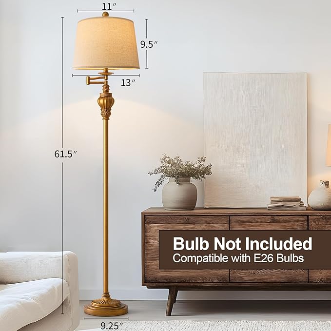 G-SAFAVA 61" Vintage Floor Lamp with 350° Adjustable Swing Arm, Gold Standing Lamp for Bedroom Living Room Nightstand Bedside Retro Farmhouse Mid Century Lamp Light Home Décor Office Gifts