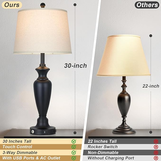 Black Table Lamp for Living Room Single, 30″ Tall Touch Control Bedside Lamp for Bedroom, 3-Way Dimmable Nightstand Lamp with USB A+C Ports and AC Outlet (1 Pack)