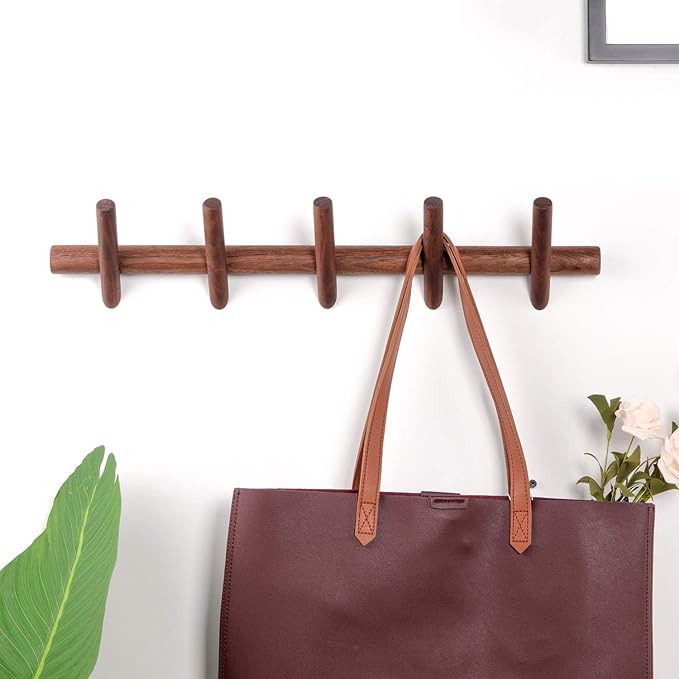 Wood Coat Hooks Wall Mounted Hat Rack Tower Hanger Wall Hooks Decorative Hanger with Pegs Entryway Bedroom Bathroom（Black Walnut，5 Hooks）
